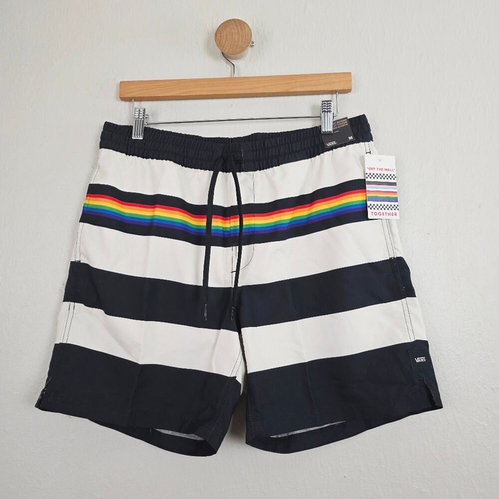 Vans Pride Collection Rainbow Striped Volley Swim Shorts Black Cream Medium NWT - Picture 5 of 11